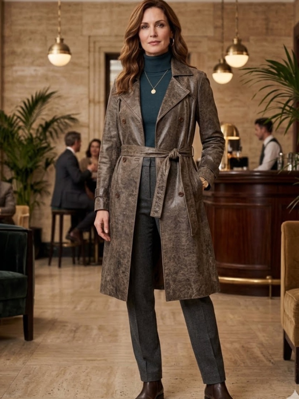 JUNE Brown Leather Trench Coat M